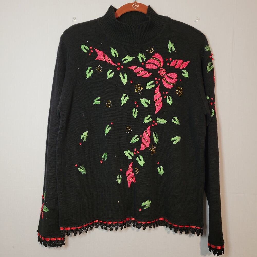 Vintage Black Ramie Blend Embroidered Mock Neck Christmas Sweater sz M Black Y2K